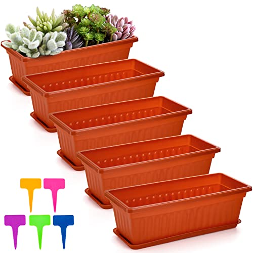 Fasmov 5 Pack 17 Inches Flower Window Box Plastic Vegetable Planters With Trays Vegetables Growing Container Garden Flower Plant Pot With 5 Pcs Plant Labels For Balcony, Patio, Garden, Orange #TOP1