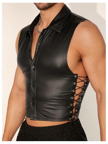 OYOANGLE Men's Faux Leather Tank Tops Sleeveless Fitted Muscle Undershirt Button Down Vest Top Nightwear3