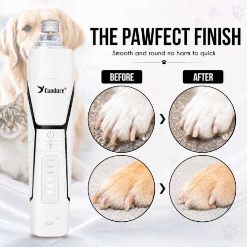 Image of Candure Whisper Quiet Dog Nail Grinder with 360 Degree LED Light, 6-Speed Rechargeable Pet Nail Trimmers with Extra Grinding Head for Safe, Stress-Free Grooming for All Pet Sizes (White)