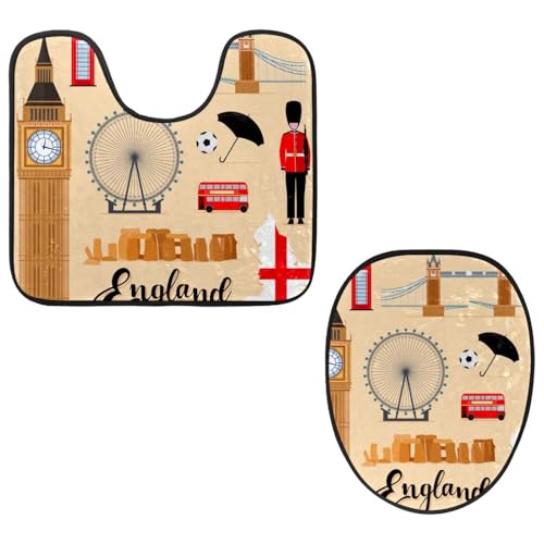 Eslifey Toilettendeckelbezug und U-förmige WC-Bodenmatte Set mit 2 Stück, Tourist England Travel London Elements Toilettenmatten-Set, maschinenwaschbar, Sitzbezüge, rutschfeste saugfähige Teppiche