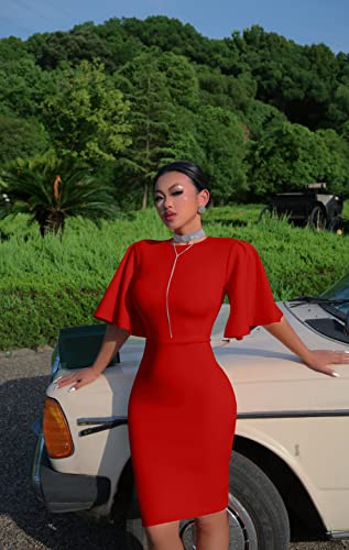 Image of Memoriesea Women's Basic Bodycon Ruffle Flared Short Sleeve Pencil Midi Dress
