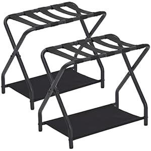 AMHANCIBLE Luggage Rack, Set of 2, Foldable Suitcase Stands for Guest Room, Metal Luggage Holder with Storage Shelf for Bedroom, Hotel, Easy Assemble, Black HLR02BK