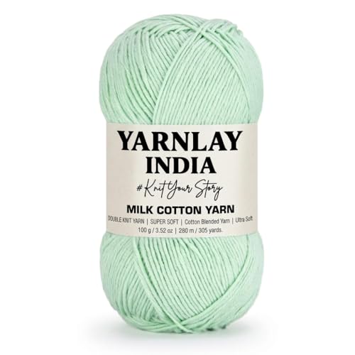 Image of Yarnlay 3 Ply Soft Milk Cotton Yarn for Crochet Knitting, Amigurumi, Punch Needle .DIY Crafts, Summer Wear,Flowers Toys & Cushion Covers 100g (250m) (Shade 16: Mint Green)