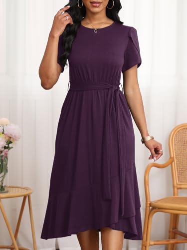 Image of PerZeal Women's Summer Dress Casual Ruffle Sleeve Crewneck A-Line Tiered Flowy Short Sleeve Long Dress with Belt
