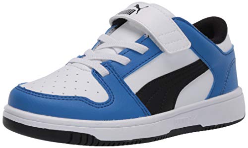 PUMA Unisex-Child Rebound Layup Lo Hook and Loop Sneaker, White-Palace Blue Black, 2.5 M US Little Kid