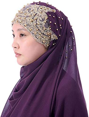 Suillty Pearl Chiffon Muslim Cap Hijab Soft Scarf Long Shawl Gold Glitters Beads