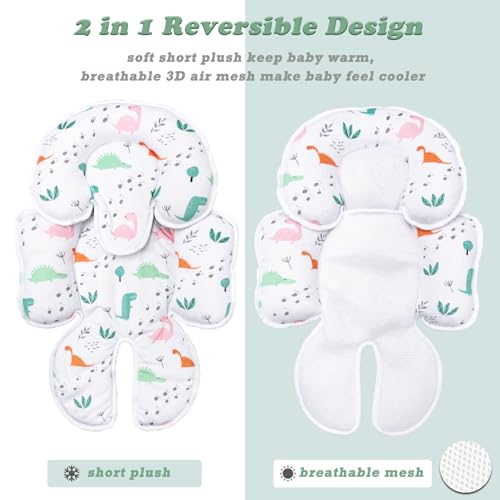 Image of Infant Car Seat Insert, Soft Baby Car Seat Head Neck Pillow, Reversible Newborn Carseat Insert with Strap Covers, Universal Seat Pad for Carseats, Stroller, Swings, Bouncer, Dinosaurs