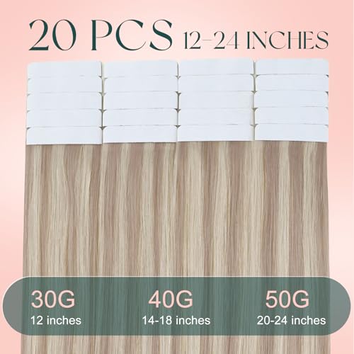 Image of Easyouth Tape in Extensions Highlight Tape in Extensions Real Human Hair Ash Blonde Highlight Bleach Blonde Human Hair Tapes in Extension for Long 50g 20pcs 24 Inch