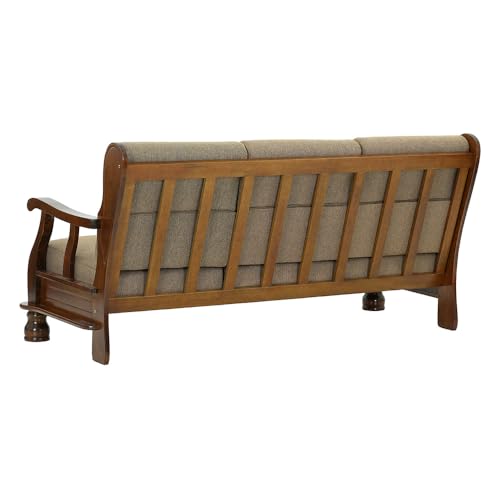 Image of Royaloak Melaka Wooden 3 Seater Sofa with Brown Colour Cushion | Solid Wood | Fabric Cushion Cover | Moulded Foam Cushions | Curved Arm Design | Durable & Long Lasting | Malaysian Collection