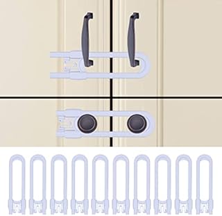 Sliding Cabinet Child Safety Locks - OKEFAN Baby Proofing Cabinet Lock Cupboard Latches for Kids on Closet Door Knobs Handles Pulls No Drill (10, White)