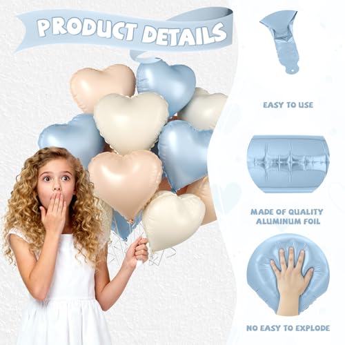 Image of Baby Blue Heart Balloons, 10 Pcs Light Blue White Heart Shaped Balloon, 18 Inch Apricot Cream Sand White Nude Foil Balloons for Engagement Brithday Baby Shower Wedding Valentines Party Decoration