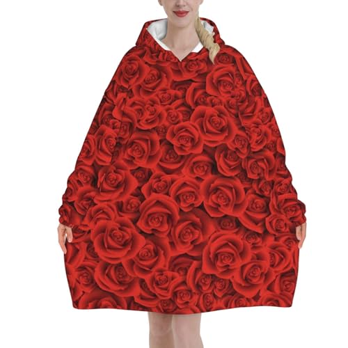 Couverture à capuche surdimensionnée motif roses rouges en flanelle pour adulte