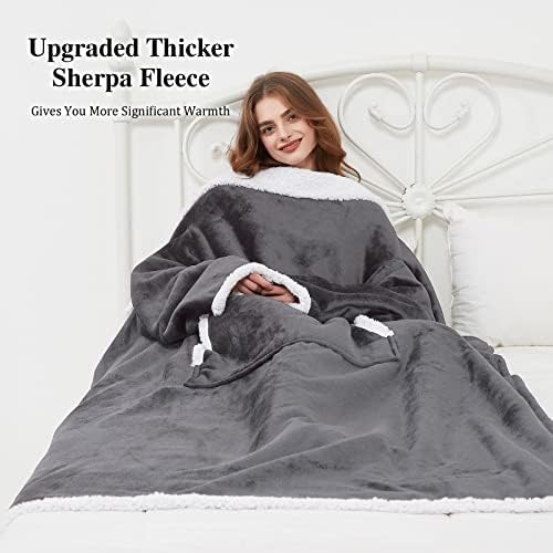 BESSIO Wearable Blanket with Sleeves, Oversized Soft Snuggle Blankets for Adults Women Men, Winter Sherpa Fleece TV Blanket for Bed Sofas, Gifts for Women, 140cm x 180cm (Grey)