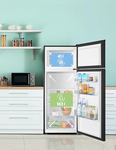 Comfee RCT284DK2A Kühl-/Gefrierkombination/Gefrierteil oben/176 kWh/Jahr/143cm Höhe/LED Licht/Reversibles Türscharnier/Schwarz – Bild 3