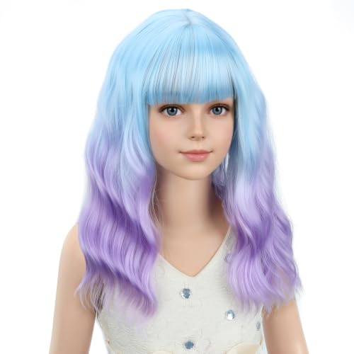 Image of PATTNIUM Girls Blue Ombre Purple Wig with Bangs Kids Short Wavy Curly Wig Blue and Purple Bob Wigs Synthetic Halloween Costume Cosplay Party Wigs