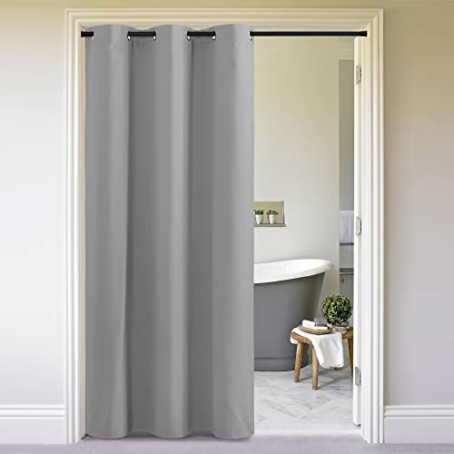 Image of NICETOWN Sliding Door Curtains 96 inch Length, Single Curtain, Insulating Thermal Blackout Curtains for Bedroom Window Bathroom Doorway Front Door (1 Panel, 5ft Wide x 8ft Long, Silver Grey)