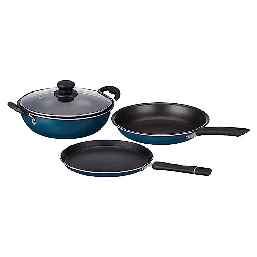 Amazon Brand - Solimo Aluminium – 3 Pcs Non Stick Cookware Sets, Tawa 25 Cm, Kadhai 24 Cm with Glass Lid, Fry Pan 24 Cm (Peacock Green) (B0C1YWB2M4) Amazon Price History, Amazon Price Tracker