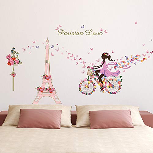 ufengke Stickers Muraux Fille Vélo Autocollant Mural Fleurs Tour Eiffel pour Chambre Enfants Salon Décoration Murale