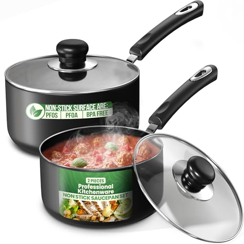 Utopia Kitchen Nonstick Saucepan Set, Cooking Pots with Lids, 1 Quart and 2 Quarts Multipurpose Kitchen Small Pots for Cooking Nonstick With Lids, 1 qt & 2 qt Set, Grey & Black