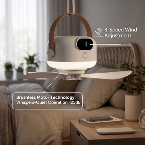Ventilateur de plafond à piles rechargeable 3 vitesses avec veilleuse LED - 8