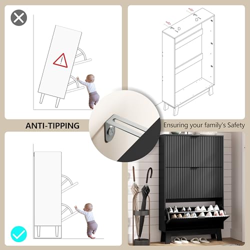 Image of Shoe Cabinet Storage for Entryway with 3 Flip Drawers, Fluted Narrow Shoe Organizer with Wooden Legs, Freestanding Slim Shoe Storage Hidden Shoe Rack Organizer for Front Door Entrance, Hallway, Black