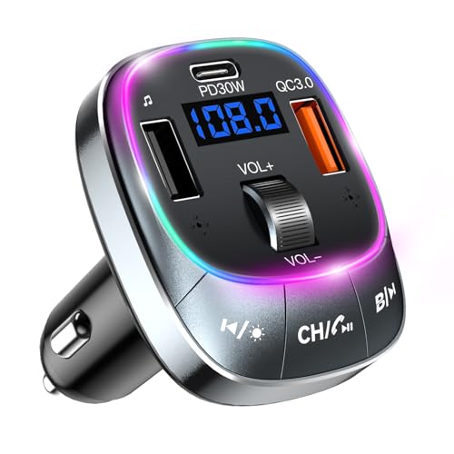 FM Transmitter Bluetooth 5.4 Wireless Radio Adapter Car Kit 48W (PD 30W & 18W) Light Switch Fast Charging Music Adapter LED Display Hands-Free Calling Support USB Drive (Grey)