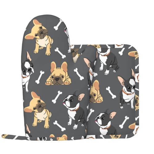 Juego de guantes de horno y soportes para ollas de bulldog francés de dos colores con 1 guante izquierdo de silicona para horno y 1 almohadilla caliente aislada a prueba de calor para uso en cocina