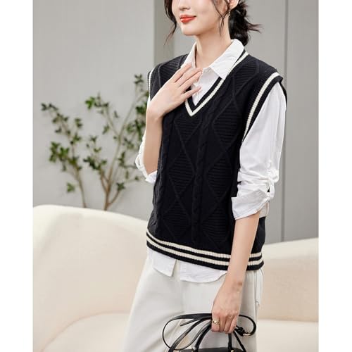 Image of Blostirno Women's V Neck Sweaters Vest Trendy Cable Ribbed Sleeveless Knit Striped Pullover Sweaters Tops