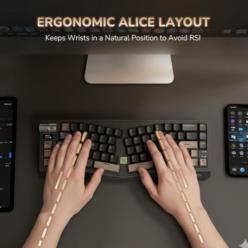 Image of RK ROYAL KLUDGE A70 Wireless Ergonomic Keyboard, Alice Split Mechanical Keyboard w /Bluetooth /2.4GHz /Wired, 65% RGB Gaming Keyboards with Knob and PBT Keycap, Gasket Hot Swappable Linear Cream Switches