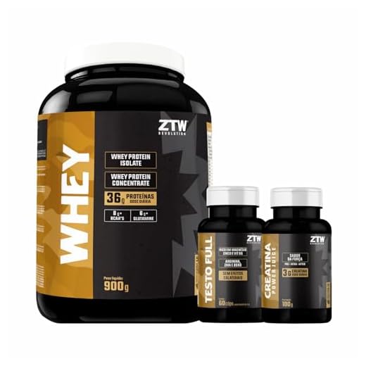 Kit 1x Whey Protein Isolado Concentrado 900g Carboidratos + 1x Vitaminas e Minerais Full Pote 60 Caps Boro Arginina + 1 Creatina Monohidratada 3g Ganho Muscular 100g - ZTW Revolution (900G, Leite Fermentado)