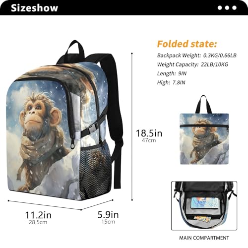 Sac à dos de randonnée pliable singe aquarelle hiver imperméable - 3