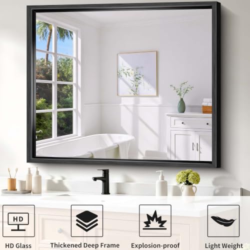 Image of Bathroom Mirror, 42 x 36 Inch Brushed Black Rectangle Mirror, 0.6 inch Thickened Deep Frame Mirrors for Wall Over Sink, Shatterproof Tempered Glass, Antirust, Horizontally or Vertically