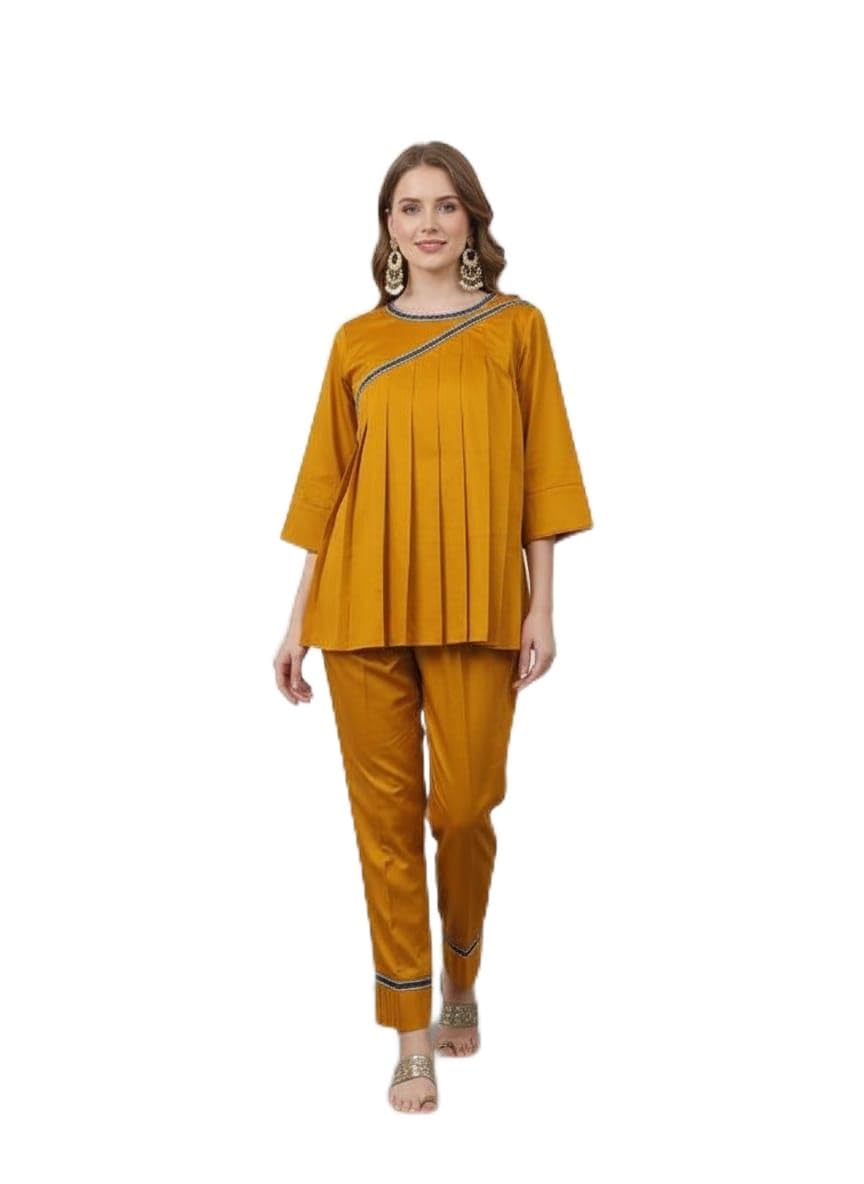 Mustard Yellow Co-Ord Set with Asymmetric Yoke, Box Pleats Top and Straight Fit Pant with Embroidered Border for Women-image-11