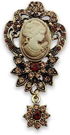 Victorian Lady Beauty Cameo with Crystal Brooch Pin Maiden Flower Crystal Rhinestone Pin Brooch (Style 1 Gold)