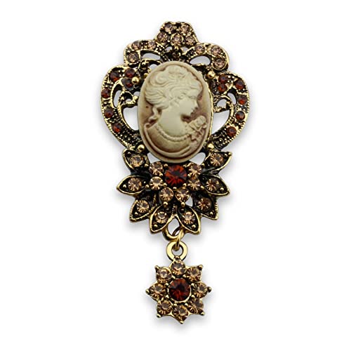 Victorian Lady Beauty Cameo With Crystal Brooch Pin Maiden Flower Crystal Rhinestone Pin Brooch (Style 1 Gold) #TOP2