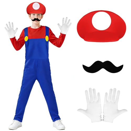 BSBUY Cosplay Kostüm Kinder 4PC Super-Brothers Luigi Cosplay mit Hat Hose Bart Handschuhe Super-Brüder Wario Waluigi Kostüm Set Outfit Kostüm Jungen für Halloween Karneval Party Child Costume (Red,S)