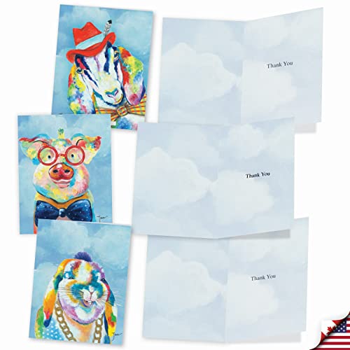 Image of The Best Card Company 10 Assorted Funny Thank You Notecards Box Set 4 x 5.12 Inch with Envelopes (10 Designs, 1 Each) Funny Farm M6563TYG