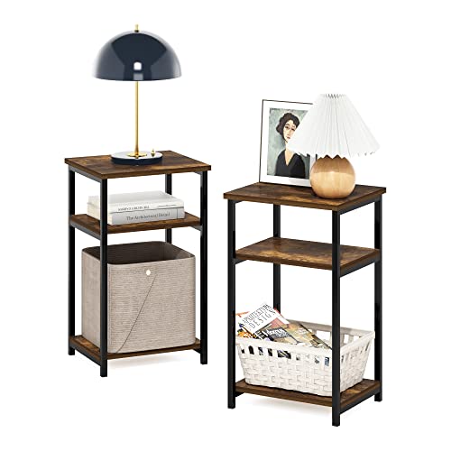 Image of Furinno Just 3-Tier Metal Frame End Table with Storage Shelves, 2-Pack, Amber Pine