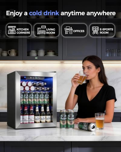 Image of Feelfunn 68 Can Beverage Refrigerator, 1.7CuFt Mini Fridge with Glass Door