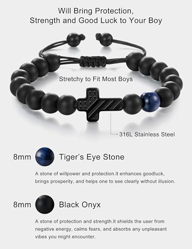 Cross Beaded Bracelet with Blue Tiger Eye – Christian Gift for Teen Boys & Men, Son, Grandson, Nephew, Brother – Baptism, Confirmation, First Communion Birthday, Graduation, Christmas Gifts3