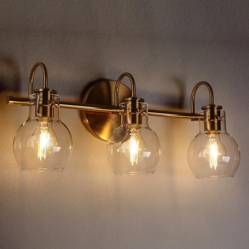 Image of KSANA Bathroom Vanity Light, 3-Light Gold Bathroom Light Fixtures, Electroplated Copper Modern Vanity Lights for Bathroom with Globe Clear Glass Shades