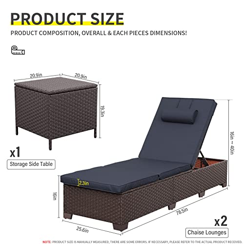 Outdoor-PE-Wicker-Chaise-Lounge-Set-Patio-Lounge-Chairs-Outside-Poolside-Lounger-Furniture-Set-of-3-Brown-Rattan-Recliners-with-Adjustable-Backrest-Navy-Blue-Cushions-and-Storage-Table Outdoor PE Wicker Chaise Lounge Set Patio Lounge Chairs Outside Poolside Lounger Furniture Set of 3 Brown Rattan Recliners with Adjustable Backrest Navy Blue Cushions and Storage Table