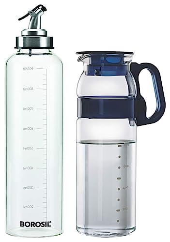Image of Borosil Glass Oil Dispenser (Transparent and Silver, 1L, Pack of 1) Marina Jug with Plastic Handle, 1.3 Litres, Transparent