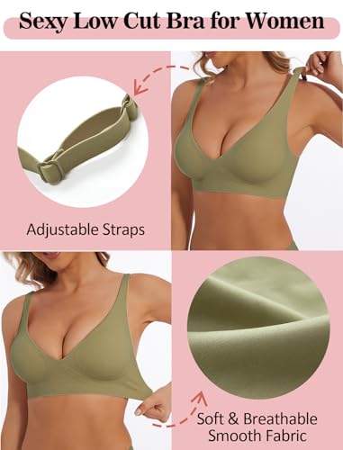 Image of Deep V Bra Wireless Sexy Push Up Bralette Padded Seamless Jelly Bra | Low Cut Plunge V-Neck, Wide Straps, Back Smoothing, Bras for Women No Underwire, Soft Comfortable Bralettes