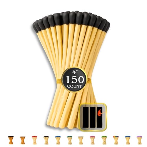 Image of 150 Count | 4 inch Black Matches | Strikers Included | Color Tip Wooden Match | Refill for Matchstick Jars, Candle Display, Holders & Bottles | 4 in inches Long