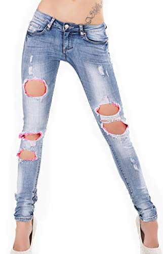 Simply Chic Bleached Destroyed Tubes Jeans avec trous et dentelle décorative - Bleu - 36 Cover