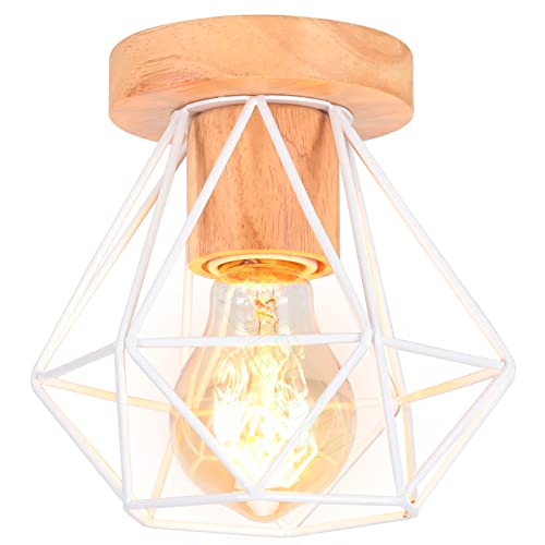 iDEGU Lámpara de Techo Vintage en Madera Hierro Retro Lámpara Colgante Industrial Diseño Jaula Blanco E27 Iluminación de Techo Interior para Dormitorio Pasillo Cocina Salón Cafetería (Tipo-A, 16CM)