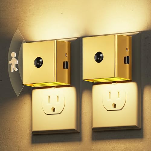 Image of L LOHAS LED Night Light,Plug in Night Light with Motion Sensor and Dusk to Dawn Sensor, Brightness Adjustable,3000K Soft White, Gold Nightlight for Bathroom Hallway Kitchen