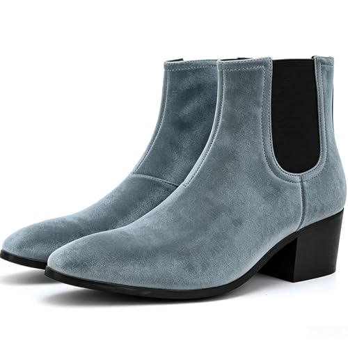 Image of Men'S Classic Leather Chunky Heel Chelsea Boots With Side Zipper Fashion Pointed Toe Elastic Band High Top Block High Heel Formal Chukka Booties For Casual Business Party Wedding