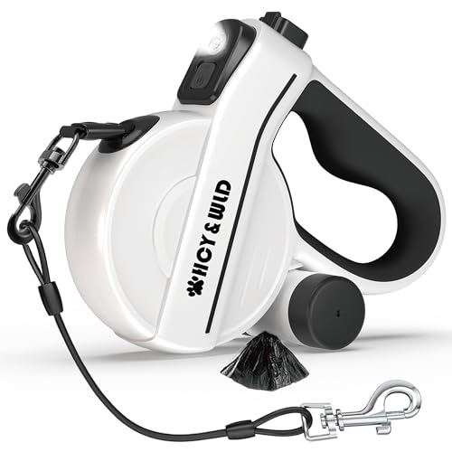 HCY&WLD Retractable Dog Leash with LED Flashlight & Poop Bag Holder 16 ft Multifunctional Pet Walking Leash with Chew Proof Extender 360 Tangle-Free Soft Anti-Slip Grip for Pets up to 66 lbs